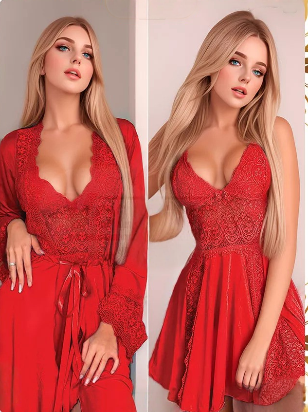 Scarlet Elegance: Lace Nightwear Set