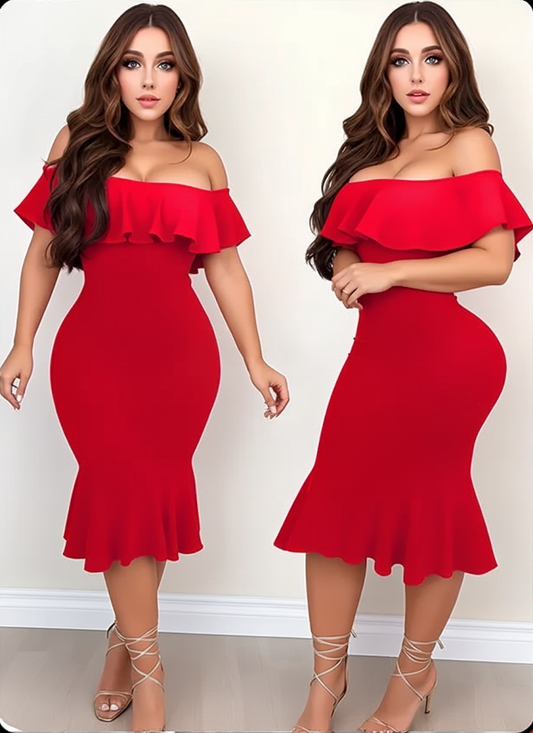 Scarlet Elegance Off-Shoulder Bodycon Dress