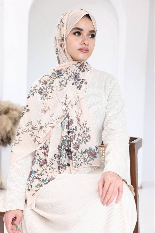 Chiffon Garden Bloom Scarf – Soft Beige